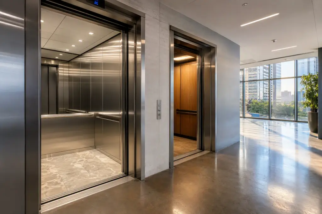 Side-by-side elevator cabs in a Houston commercial building showing before-and-after of elevator modernization cost investment — dated original cab versus renovated modern interior.