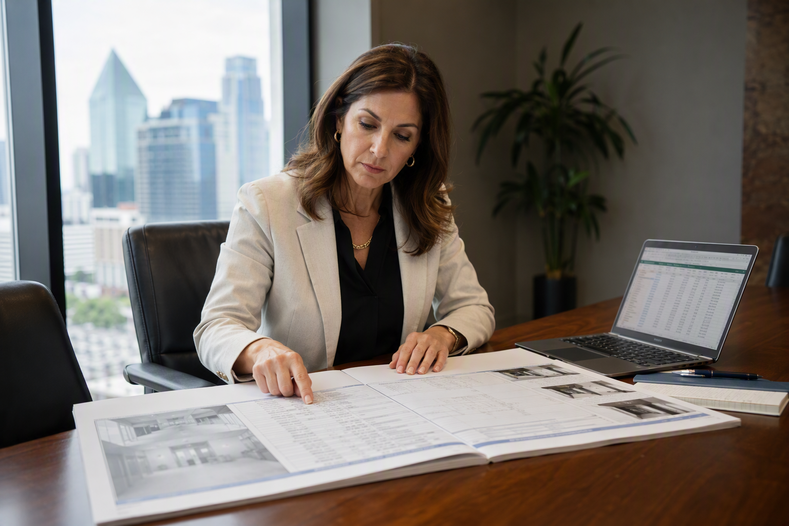 Reviewing an Elevator Modernization Cost Proposal Building manager reviewing elevator modernization cost proposal and pricing factors at a Dallas TX property management office before approving a modernization budget.