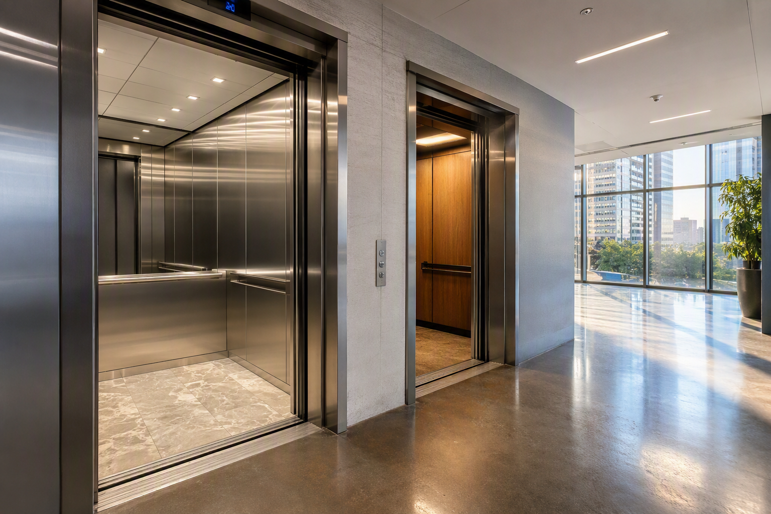 Elevator Modernization Before and After Side-by-side elevator cabs in a Houston commercial building showing before-and-after of elevator modernization cost investment — dated original cab versus renovated modern interior.
