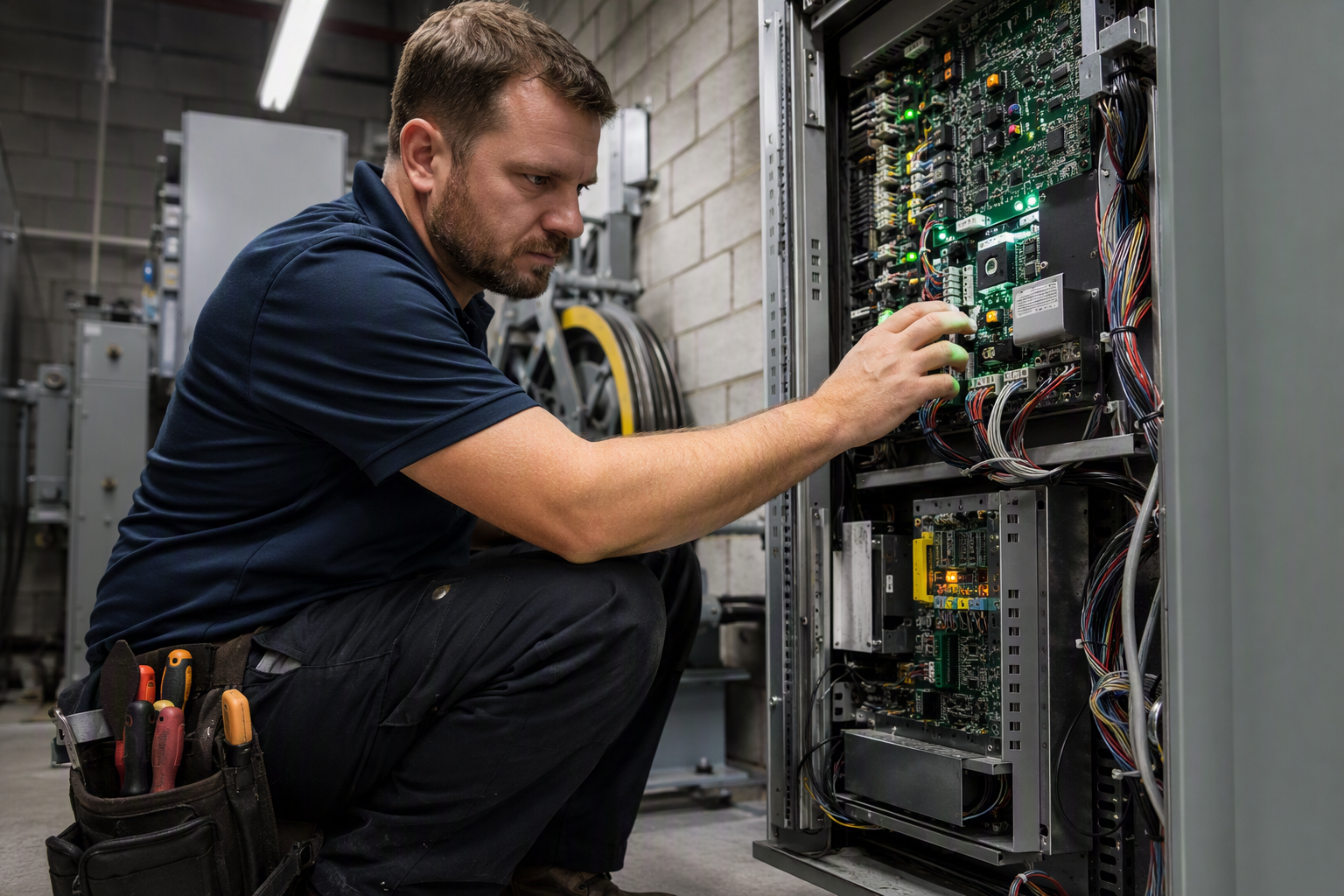Elevator technician inspecting newly installed microprocessor control panel inside hospital machine room during phased elevator modernization with minimal downtime
