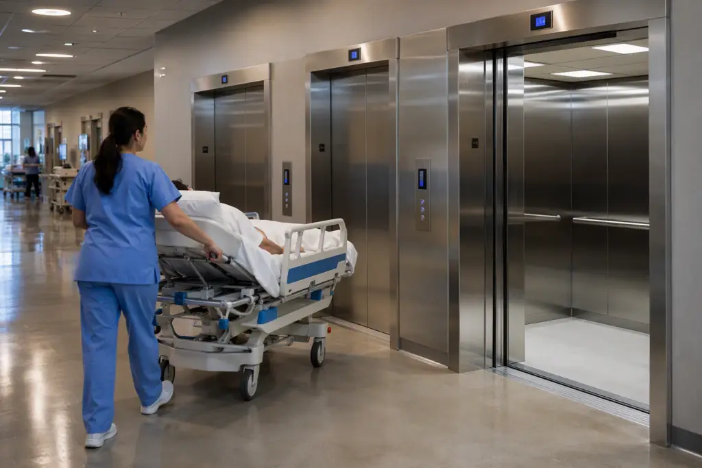 Hospital elevator bank with stainless-steel doors and open cab showing interior handrails, nurse pushing gurney in active healthcare corridor for elevator modernization without downtime