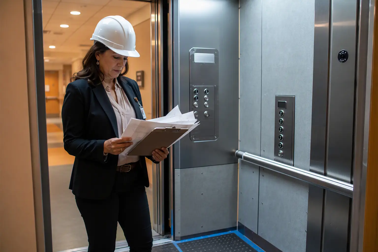 Hospital facilities manager reviewing ADA elevator cab upgrade plans with new Braille fixture panel and handrail installation, part of phased modernization compliant with ASME A17.1 standards