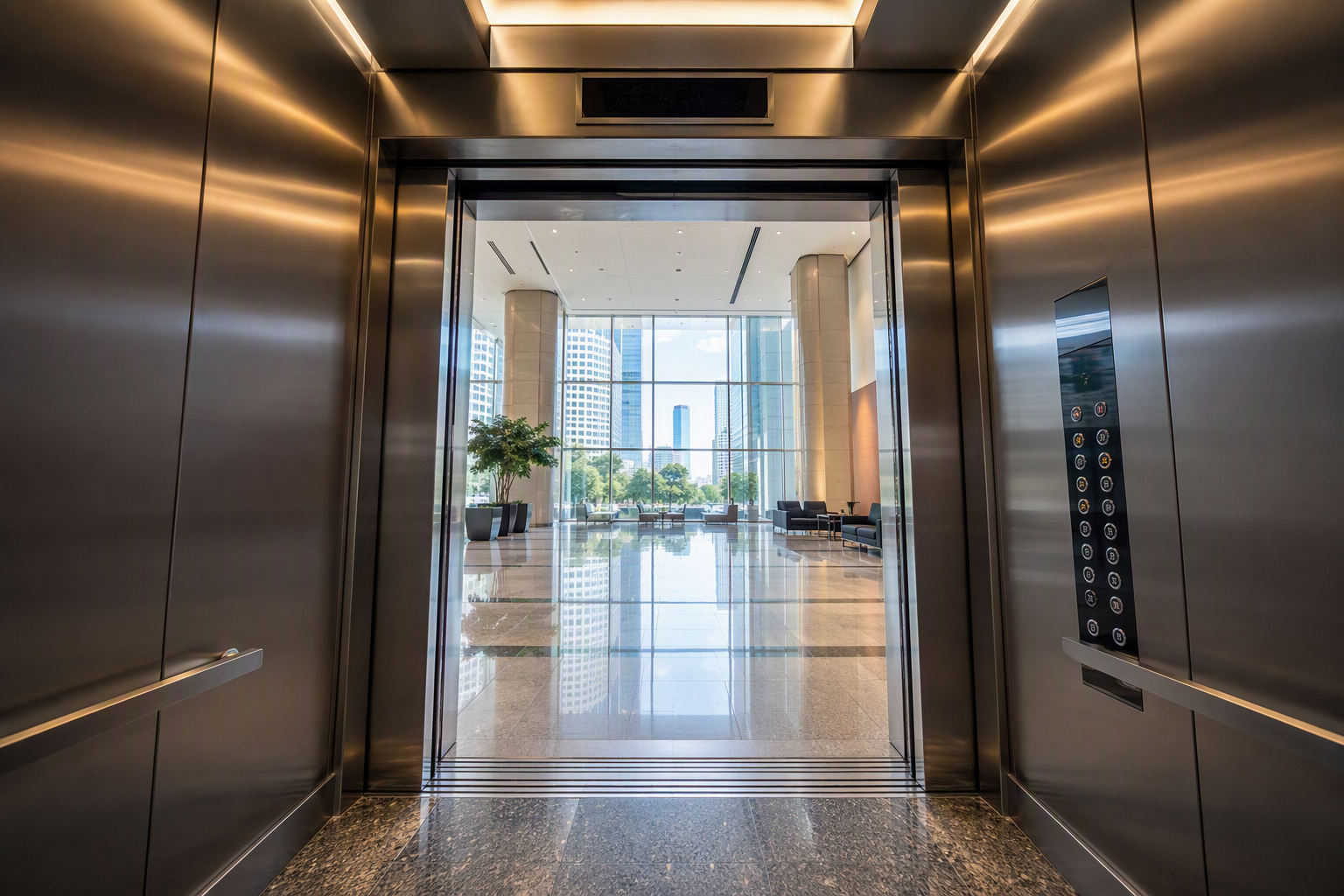 Modernized commercial elevator cab interior in a Houston office building showing LED lighting, stainless panels, and digital display — elevator modernization ROI