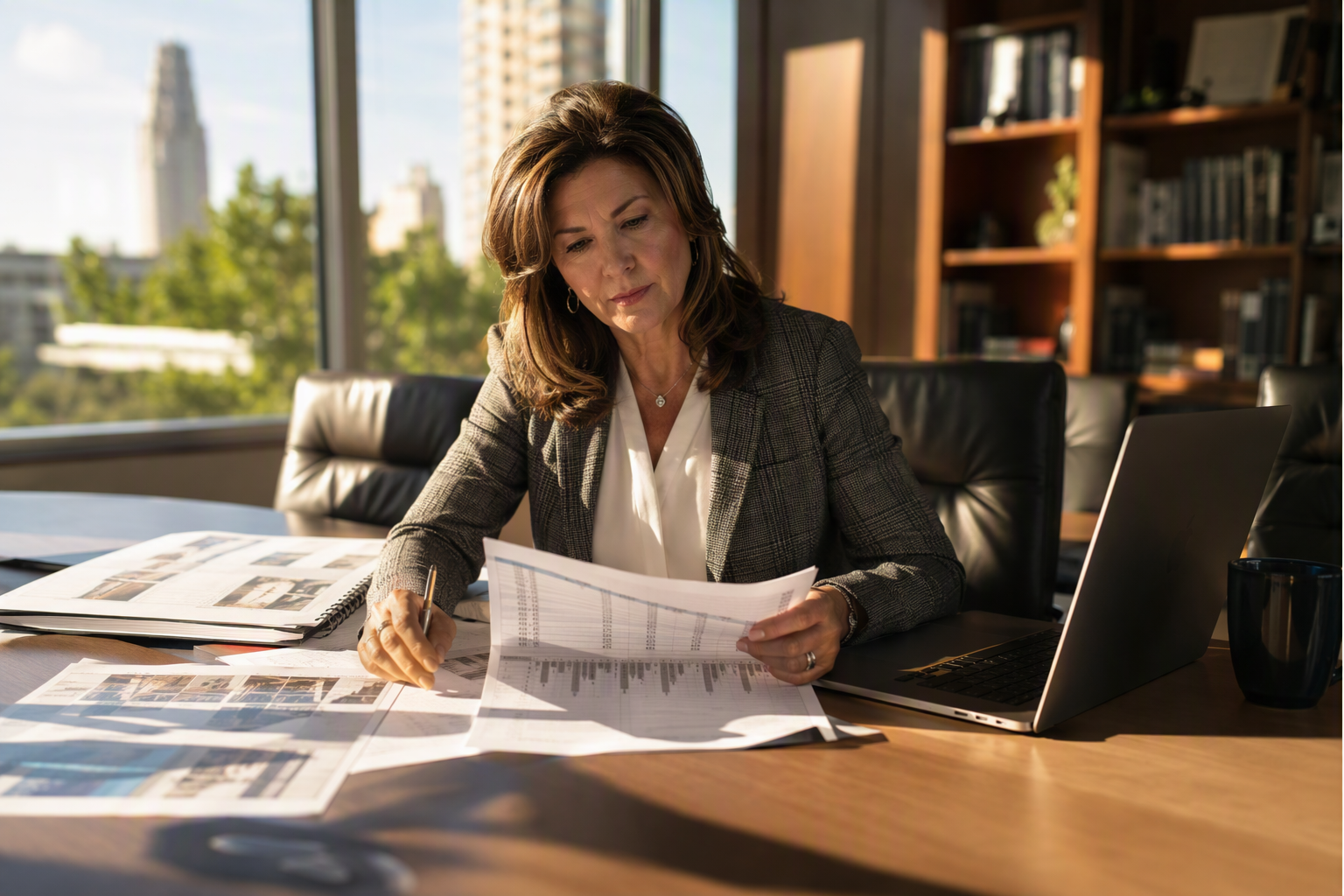 Building manager reviewing elevator modernization ROI analysis and capital improvement documents in a San Antonio property management office