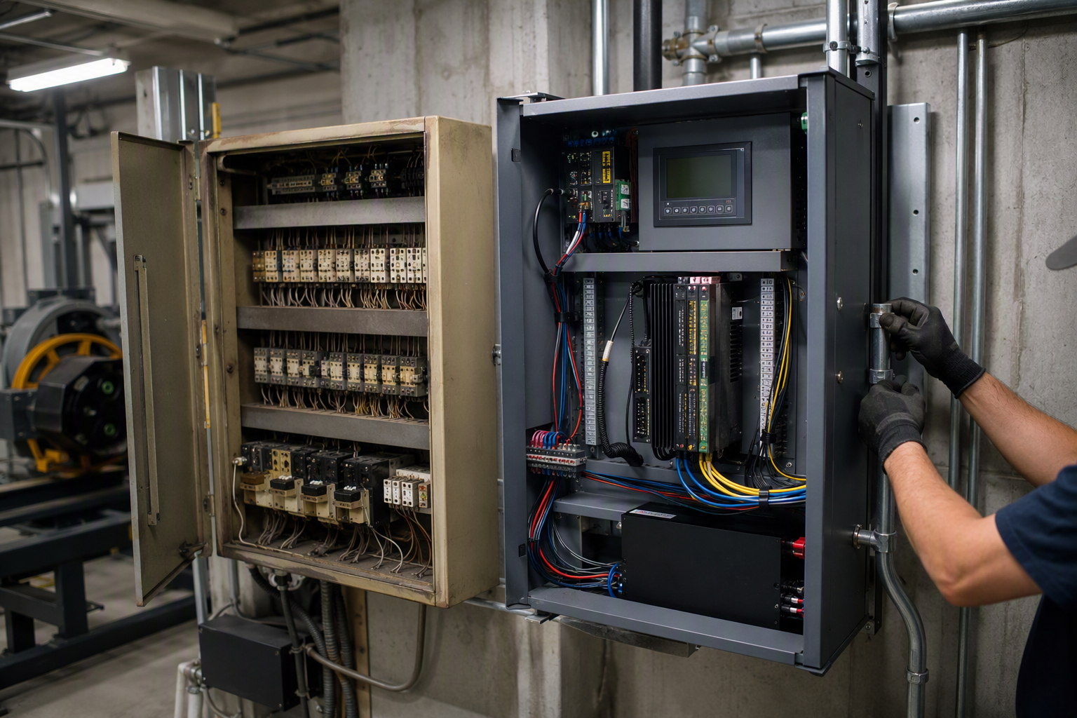 Dallas elevator machine room showing old relay-logic controller beside a new solid-state digital controller during a controls-only modernization, a common 2–4 week scope of work