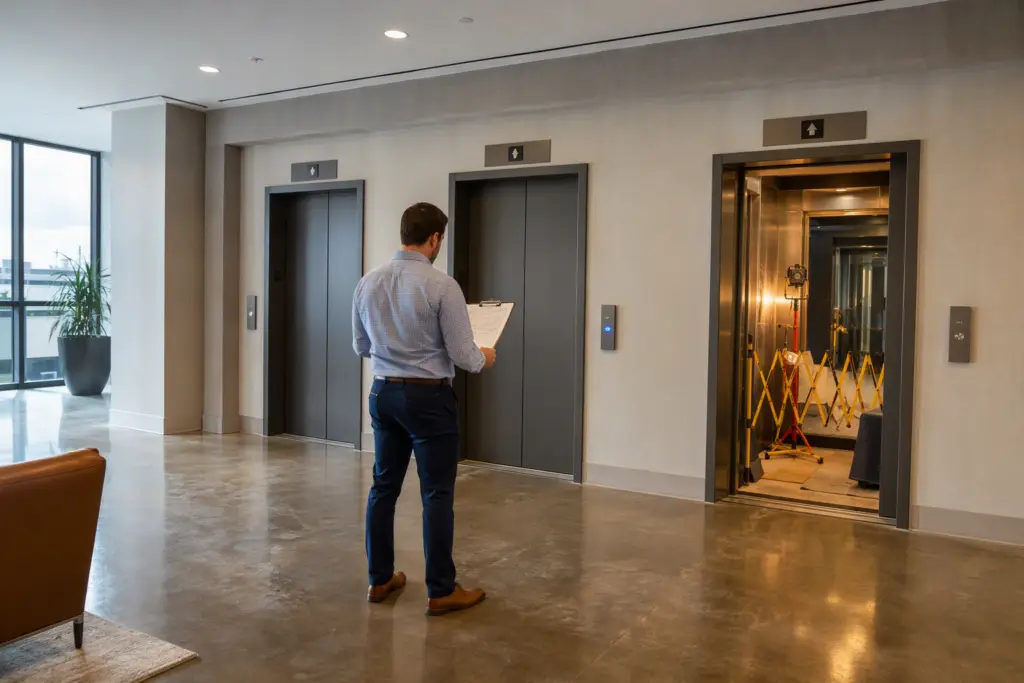 Houston office building elevator lobby with one cab under modernization and two elevators remaining in service, illustrating phased scheduling to minimize downtime during upgrades