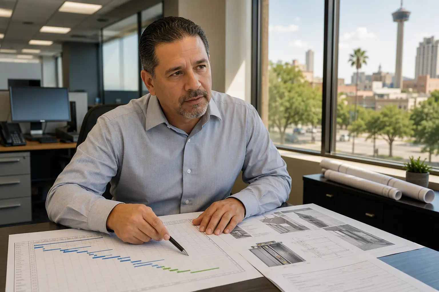 San Antonio building manager reviewing elevator modernization project timeline and permit documents, planning for equipment lead times of 8–16 weeks before construction begins