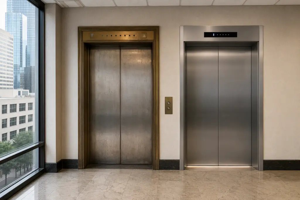 Side-by-side view of an older elevator cab and a modernized elevator cab in a Houston office building, illustrating the modernization vs full replacement decision.