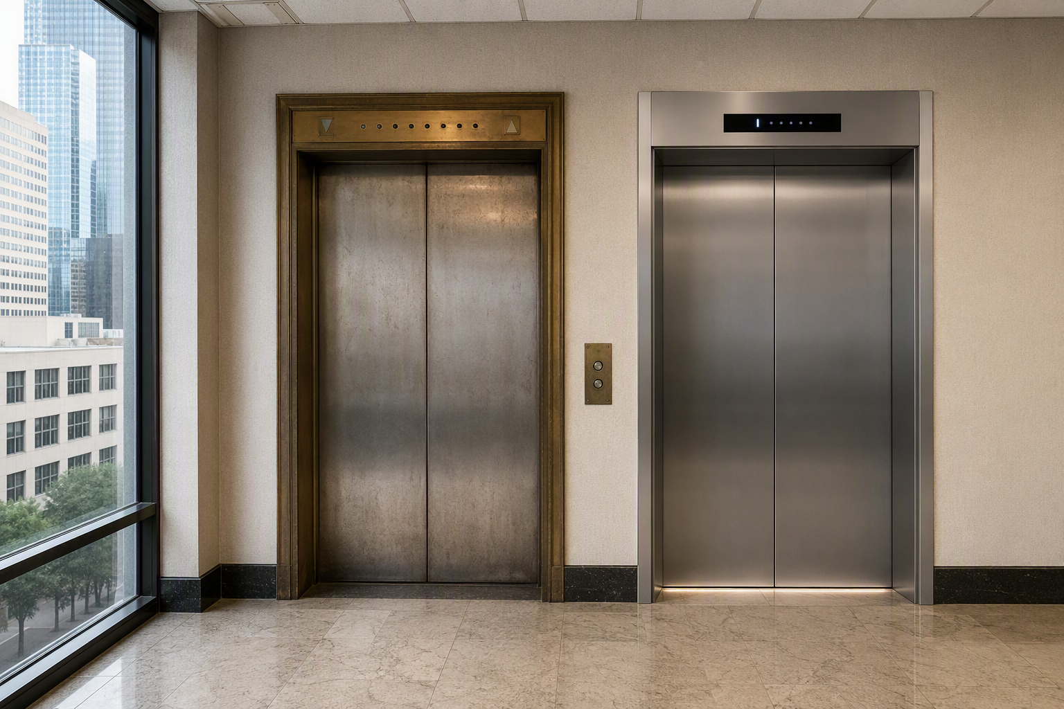 Elevator Modernization vs Full Replacement — Side-by-Side Side-by-side view of an older elevator cab and a modernized elevator cab in a Houston office building, illustrating the modernization vs full replacement decision.