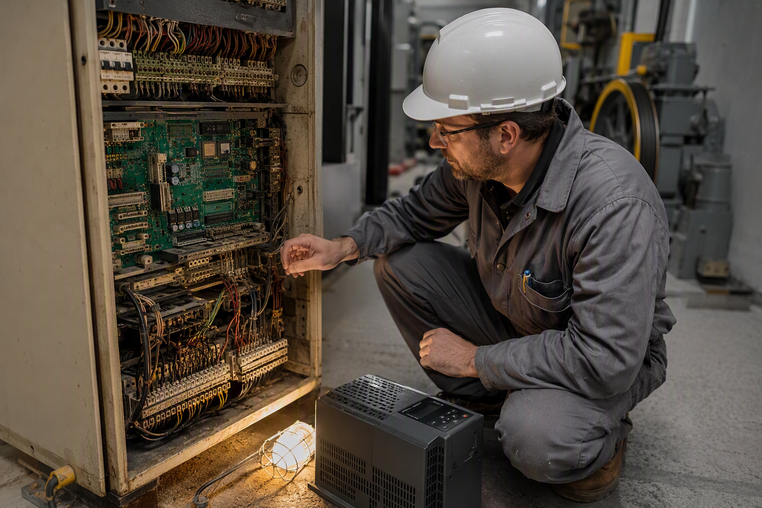 Elevator technician inspecting an aging machine-room controller cabinet beside a modern replacement drive unit, a key step in assessing elevator replacement versus modernization