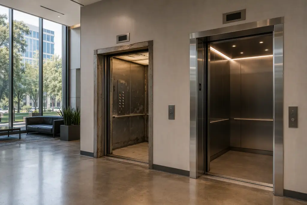 Side-by-side elevator bays in a Houston commercial building showing an aging cab versus a modernized cab interior, illustrating modernization vs full replacement decision