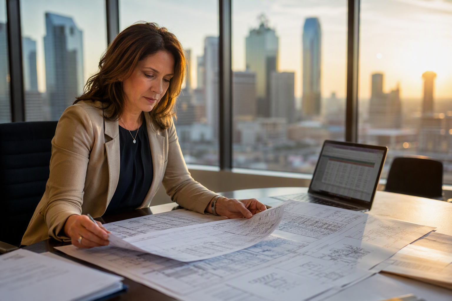 Facility manager reviewing elevator modernization versus full replacement cost assessment documents and ADA compliance checklists in a Dallas office building