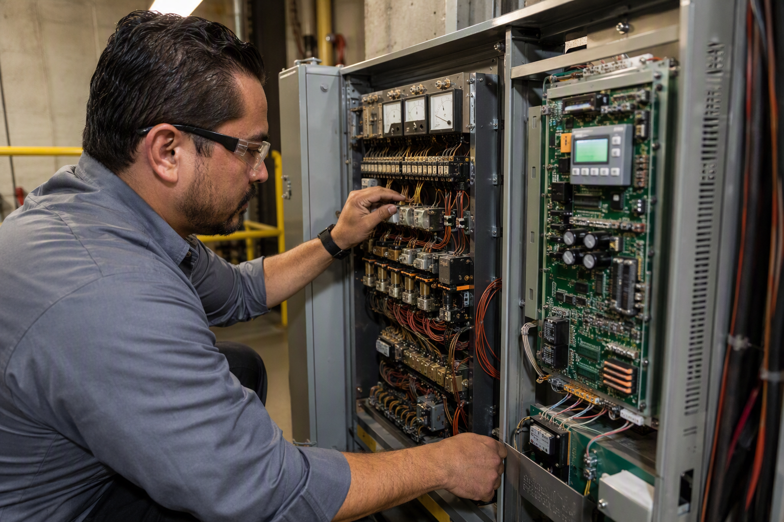 Legacy vs Modern Elevator Controller — Machine Room Detail Elevator technician comparing a legacy relay-logic controller with a modern microprocessor-based control system inside a Dallas commercial building machine room during an elevator modernization assess