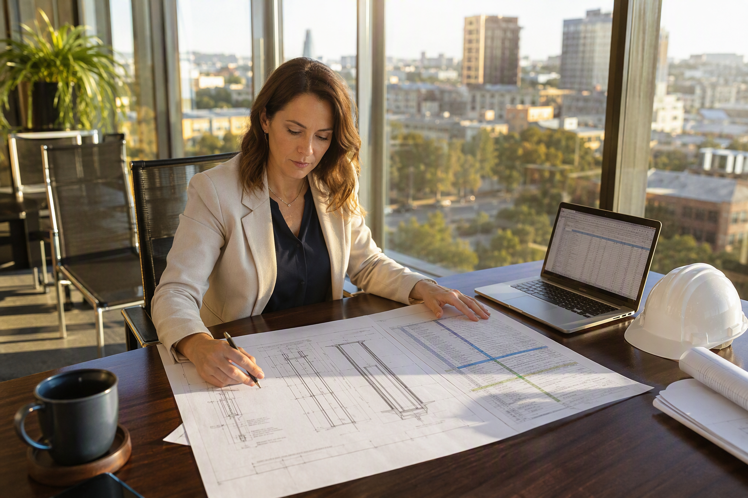 Building Manager Reviewing Elevator Replacement vs Modernization Cost Analysis Building manager reviewing elevator modernization versus full replacement cost comparison drawings and documents at a conference table in a San Antonio property management office.