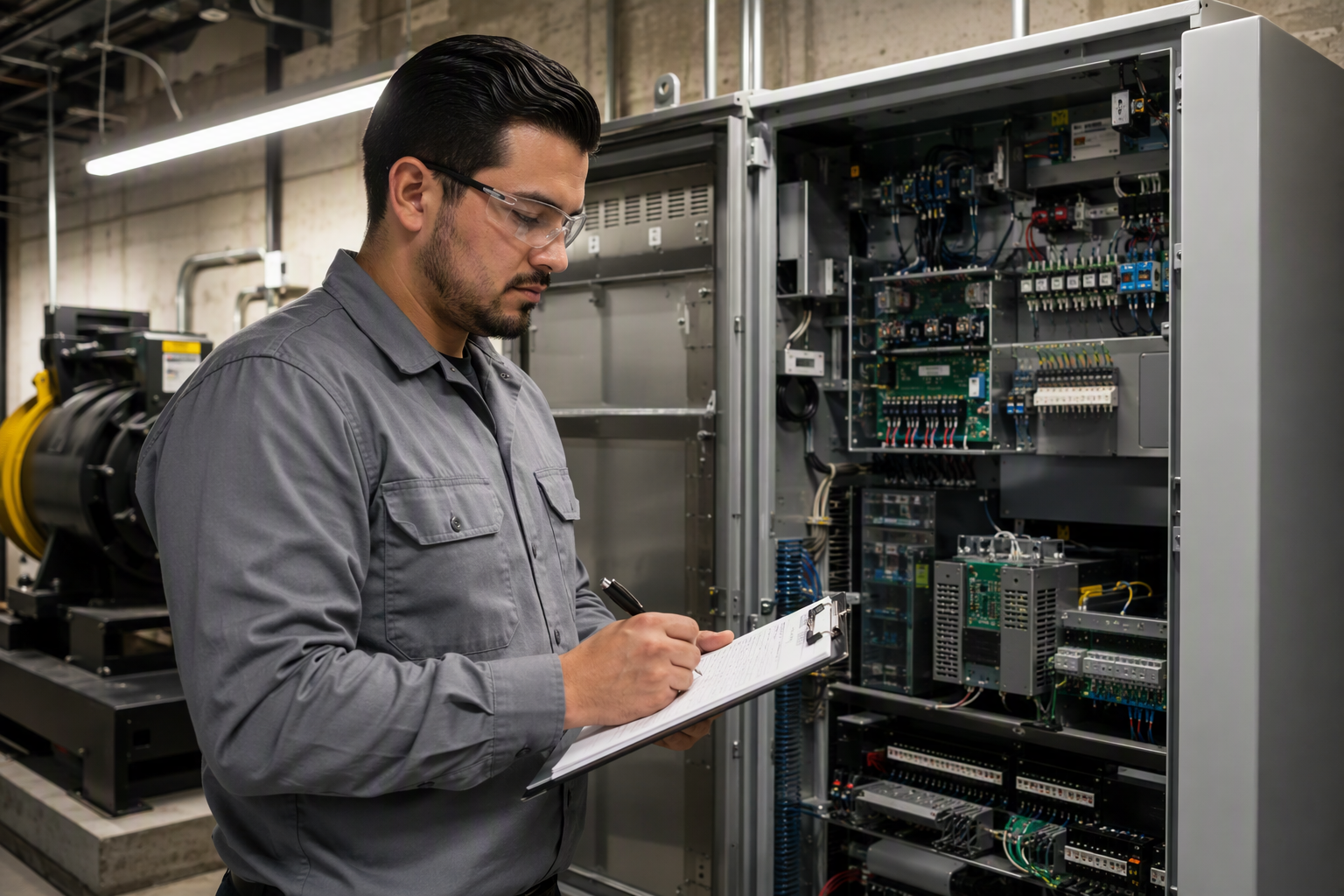 Elevator technician completing a maintenance log inside a medical office building machine room, documenting service records required for healthcare property manager compliance