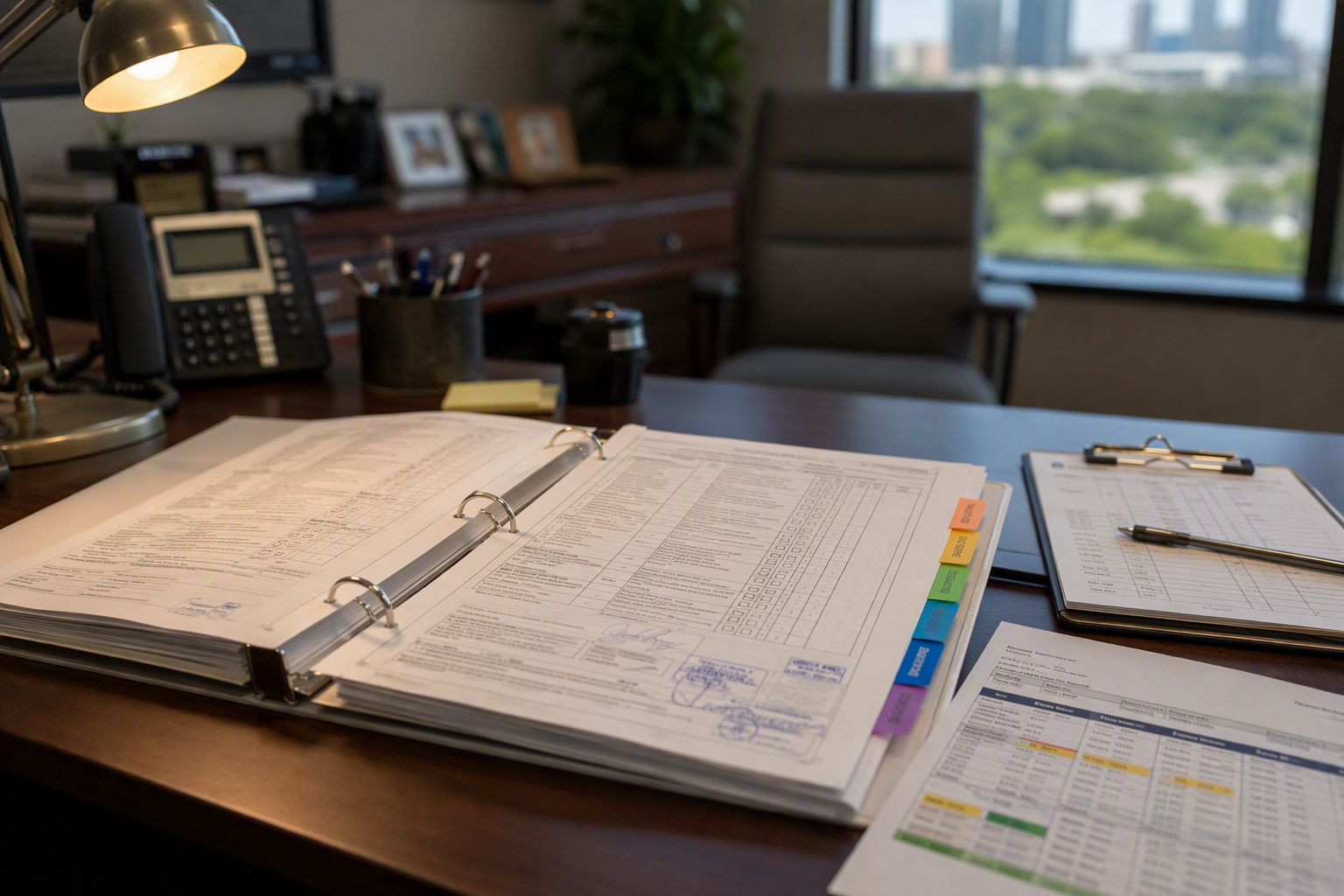 Organized elevator inspection reports, Category 5 test records, and deficiency correction logs in a property manager's binder, fulfilling ASME A17.1 recordkeeping requirements