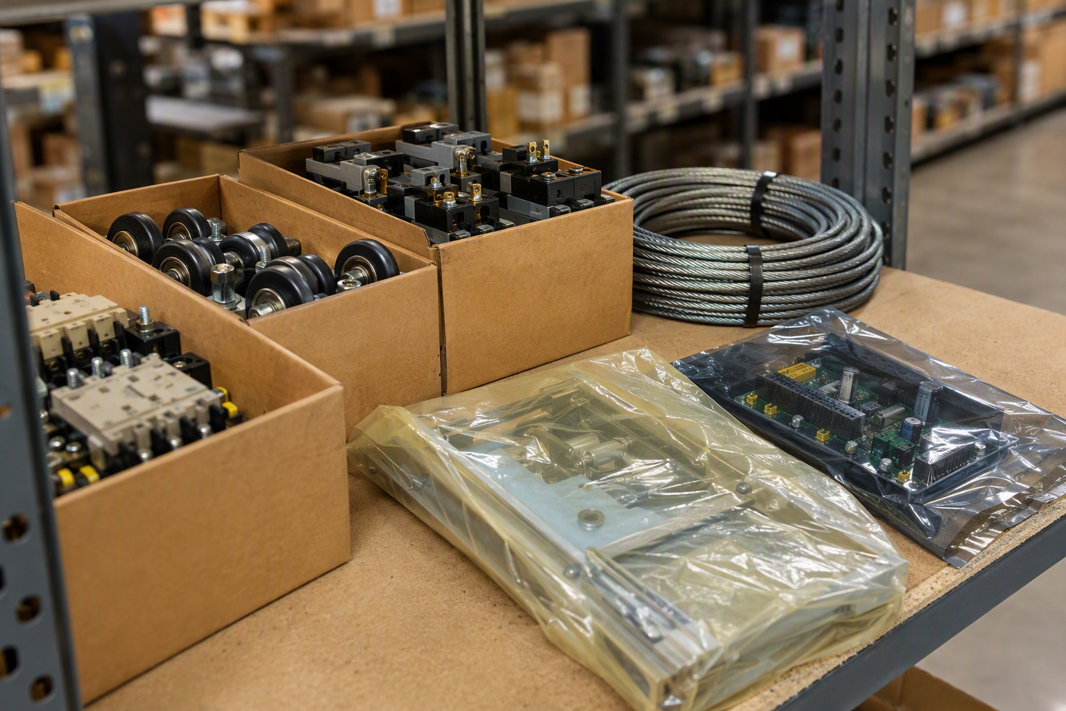 Elevator parts warehouse shelves in Dallas showing door rollers, contactors, wire rope, and controller boards with varying lead times for major elevator repairs