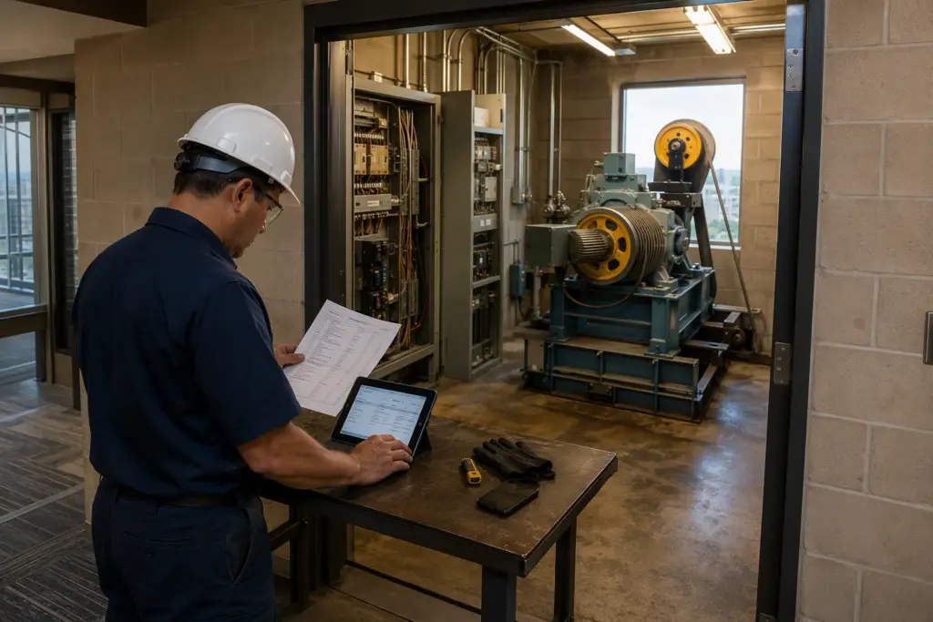 Elevator technician reviewing parts manifest in a Houston commercial building machine room while checking major elevator repair lead times in 2026