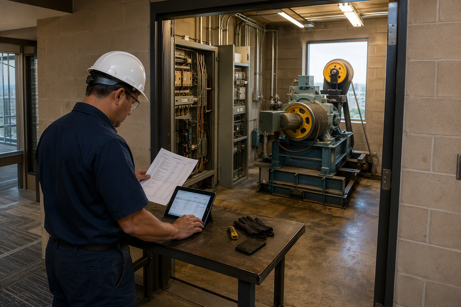 Elevator technician reviewing parts manifest in a Houston commercial building machine room while checking major elevator repair lead times in 2026