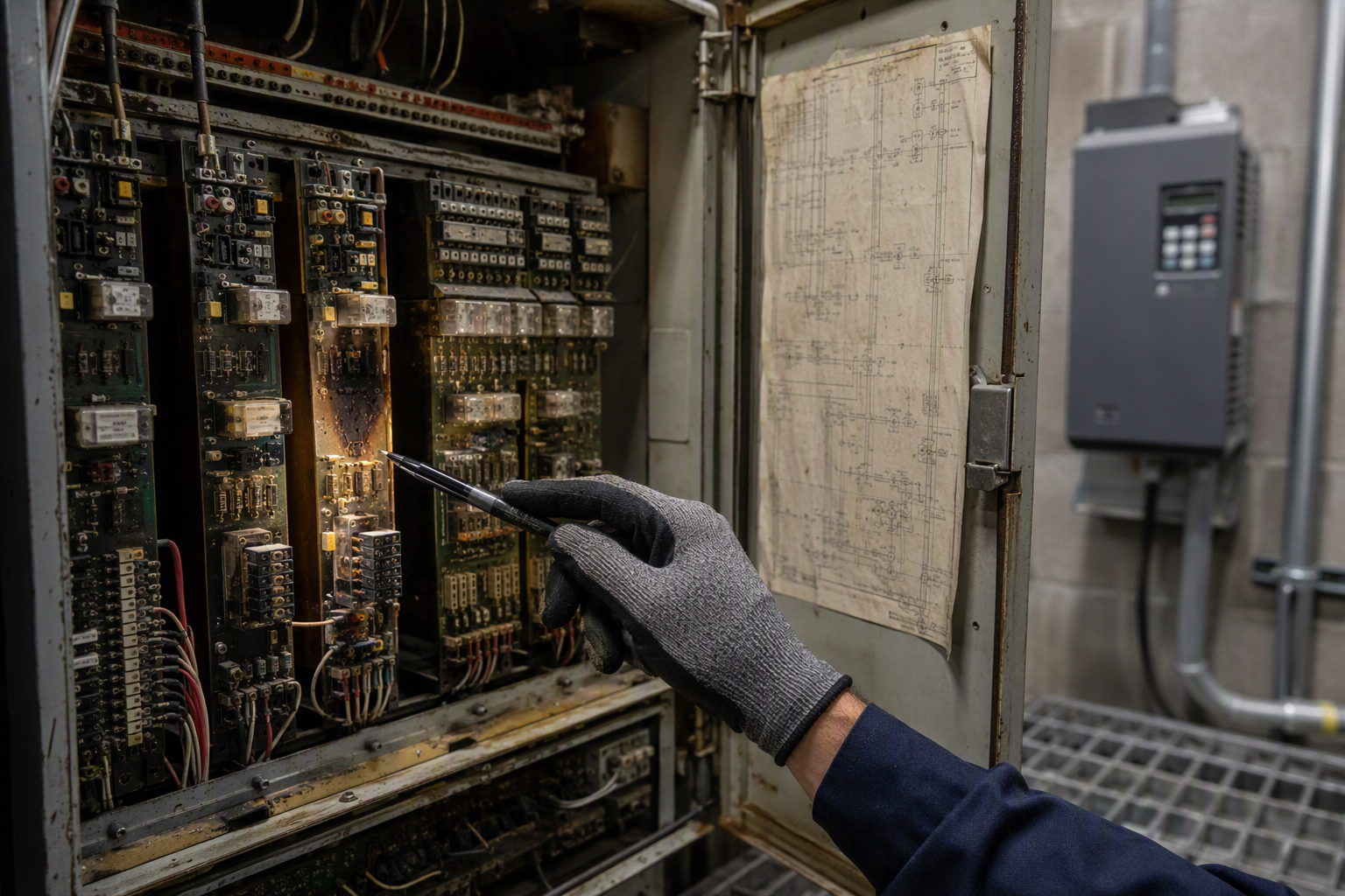 Obsolete Elevator Controller Components: When Repair Becomes Impractical Elevator technician's gloved hand pointing to a burned relay card inside an aging controller cabinet, with a modern VFD controller visible in the background — showing why obsolete parts trigger modern