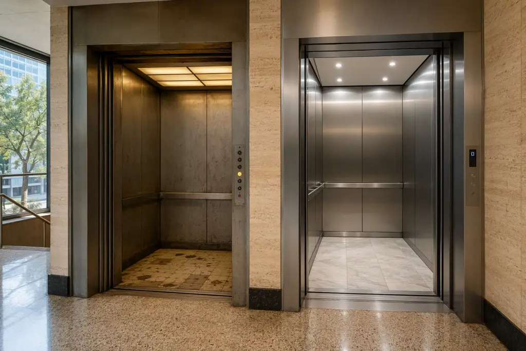 Side-by-side comparison of an aging elevator cab versus a modernized elevator cab inside a Houston office building, illustrating the repair vs. modernization decision.