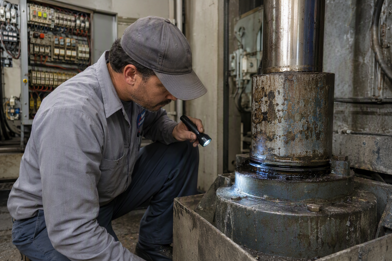 Elevator technician inspecting a corroded hydraulic jack seal in a commercial machine room, a common failure point in elevators past 15–20 years of service life.