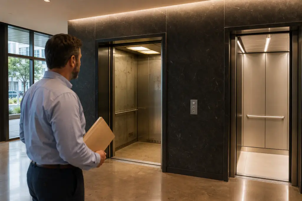 Houston commercial building lobby showing a worn aging elevator next to a modernized unit, illustrating the repair-or-replace decision for a chronically failing elevator.