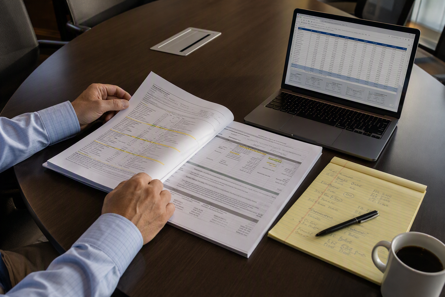 Building manager reviewing three years of elevator repair cost records and a replacement cost comparison spreadsheet to evaluate whether repair or replacement is more cost-effective.