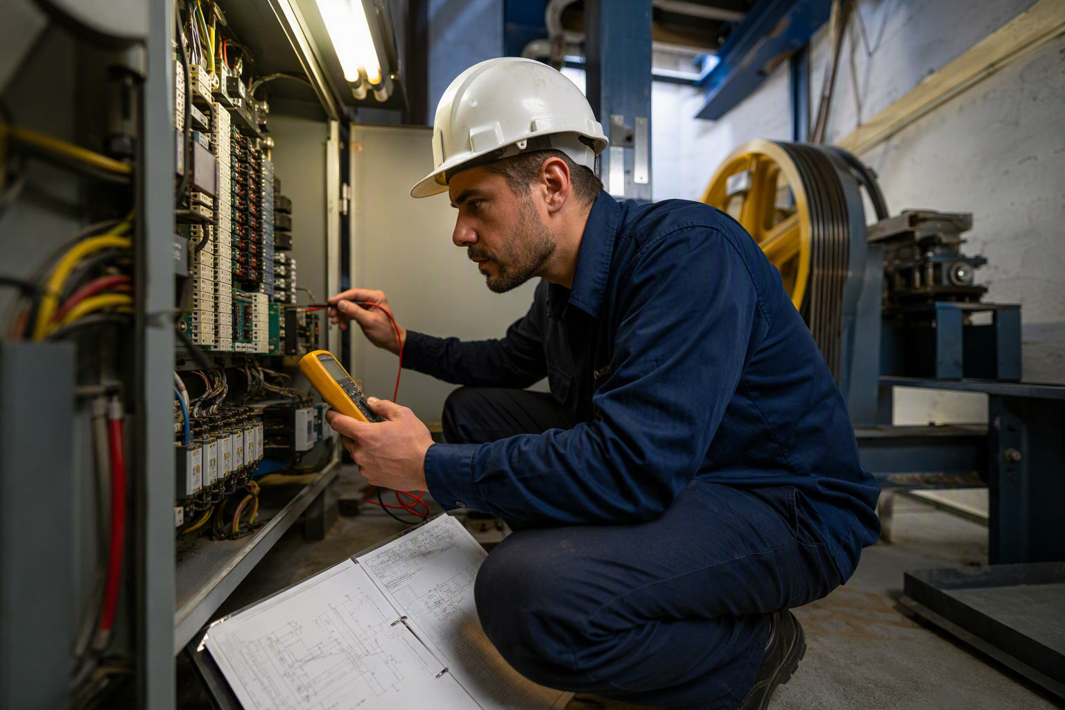 Elevator technician performing a load and duty-cycle assessment inside a machine room during an office-to-residential conversion pre-construction evaluation in Texas