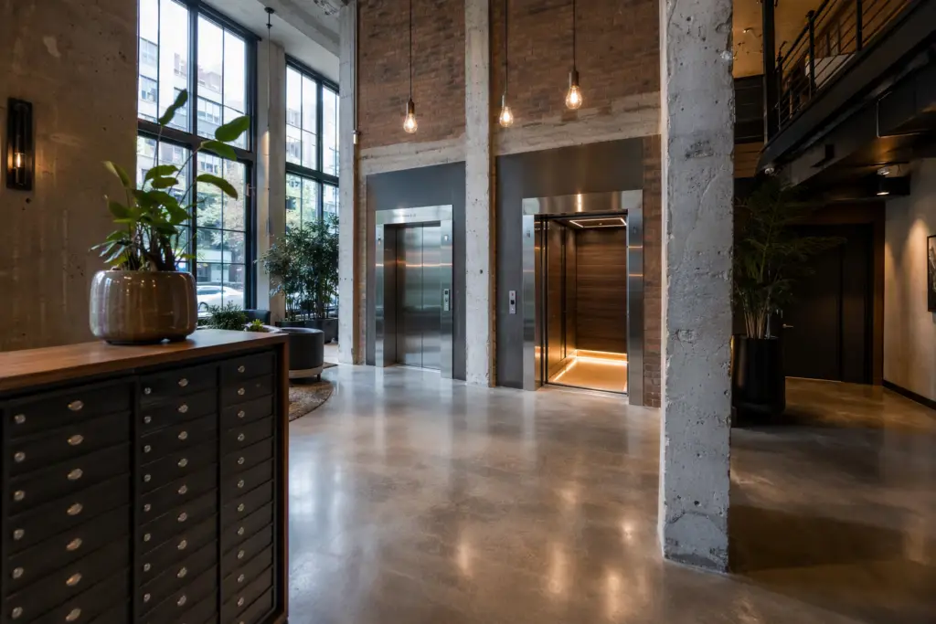 Modernized elevator lobby in a Houston office-to-apartment conversion showing updated residential cab interiors and brushed-metal door surrounds during adaptive reuse project