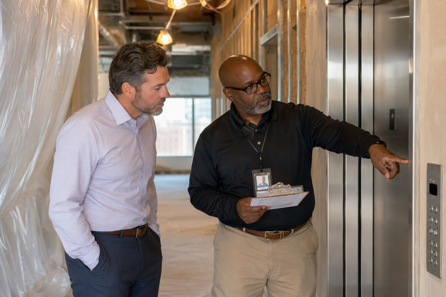 Elevator inspector reviewing ADA-compliant control panel and code compliance documentation with a building owner during an office-to-apartment conversion in Dallas TX