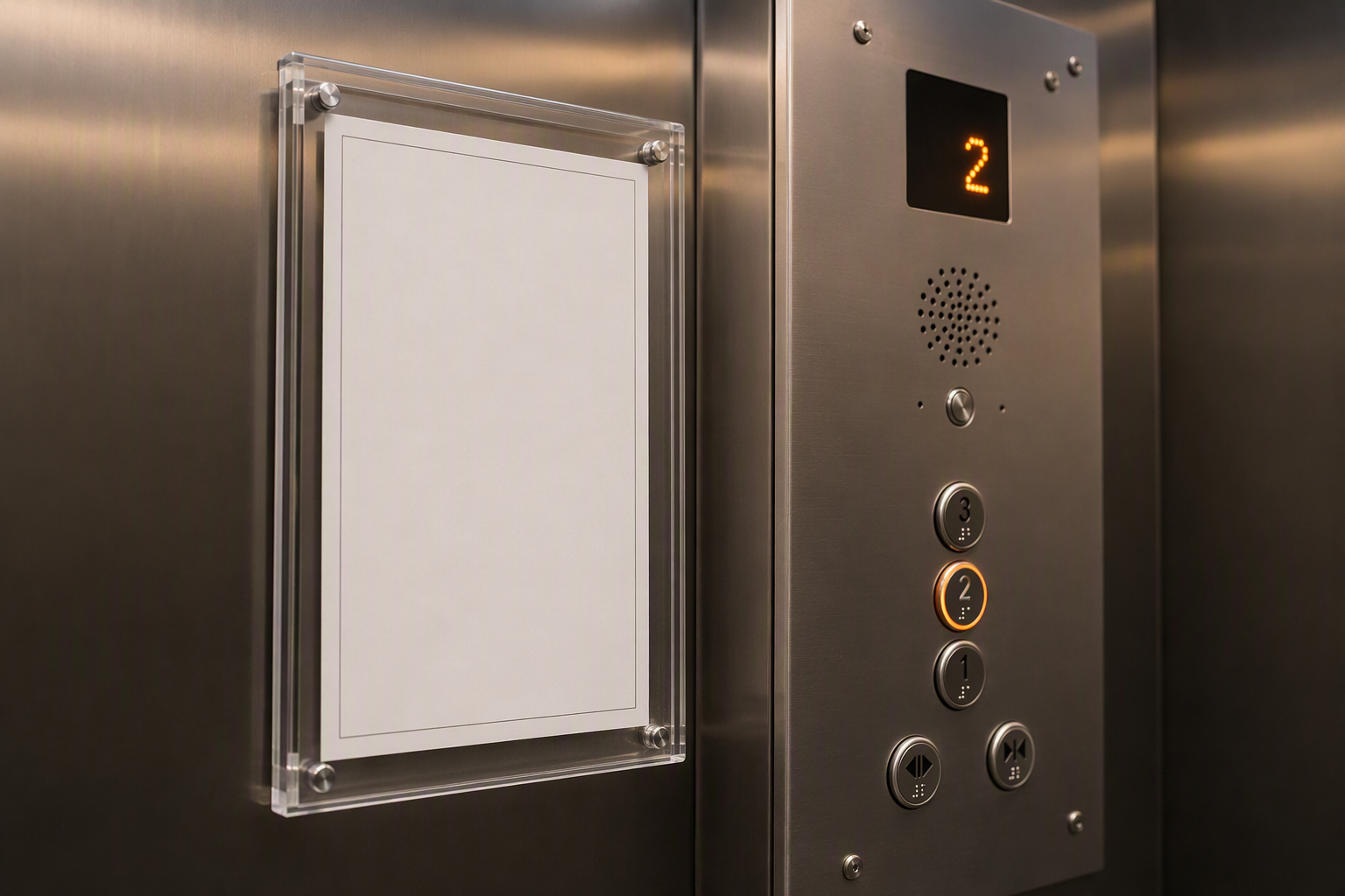 Close-up of a Texas elevator inspection certificate and ADA Braille control panel inside a senior living facility elevator cab in Houston TX
