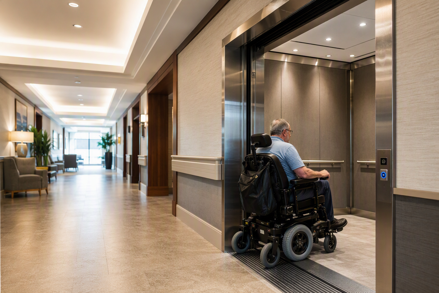 Wide-angle view of an ADA-compliant senior living facility elevator in Houston TX with open stainless-steel doors and a wheelchair user boarding the cab