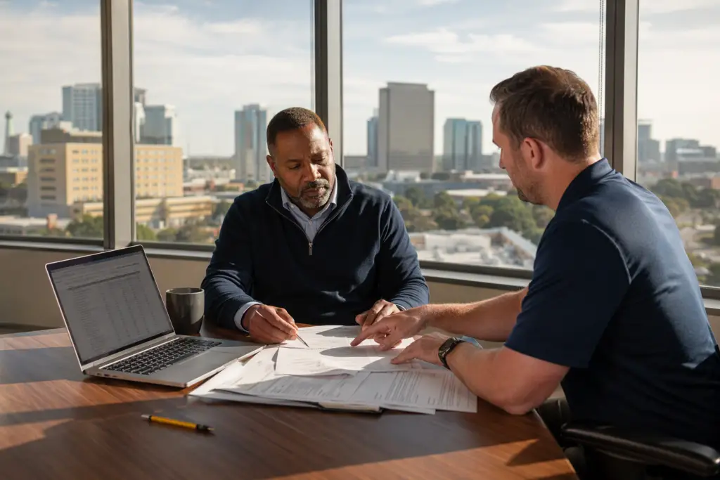 Building manager and elevator service representative reviewing a multi-page elevator service contract at a Houston office conference table — elevator service contract negotiation tips