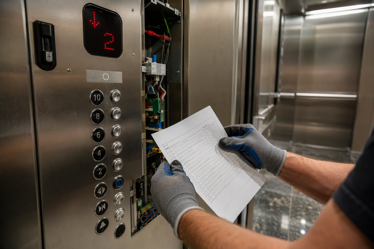 Elevator technician reviewing inspection checklist inside a stainless-steel commercial elevator cab in a Dallas office building, illustrating service contract coverage types