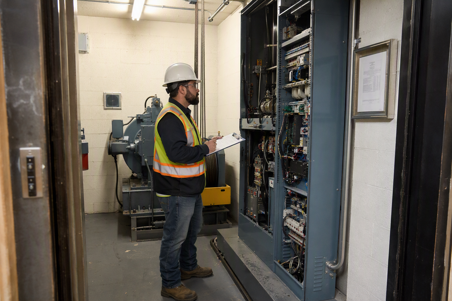 Certified elevator inspector reviewing compliance documentation beside a traction elevator controller in a Los Angeles machine room — elevator service contract compliance requirements