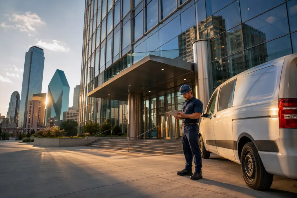 Elevator service technician in Dallas TX standing outside a Downtown Dallas high-rise office tower beside a service van, reviewing a service clipboard at golden hour.