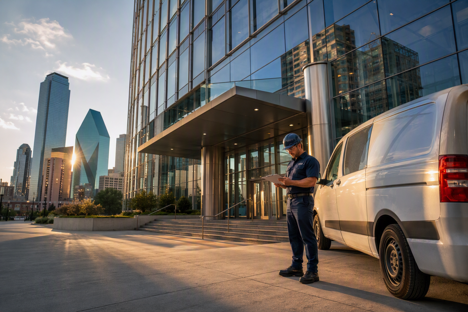 Elevator service technician in Dallas TX standing outside a Downtown Dallas high-rise office tower beside a service van, reviewing a service clipboard at golden hour.