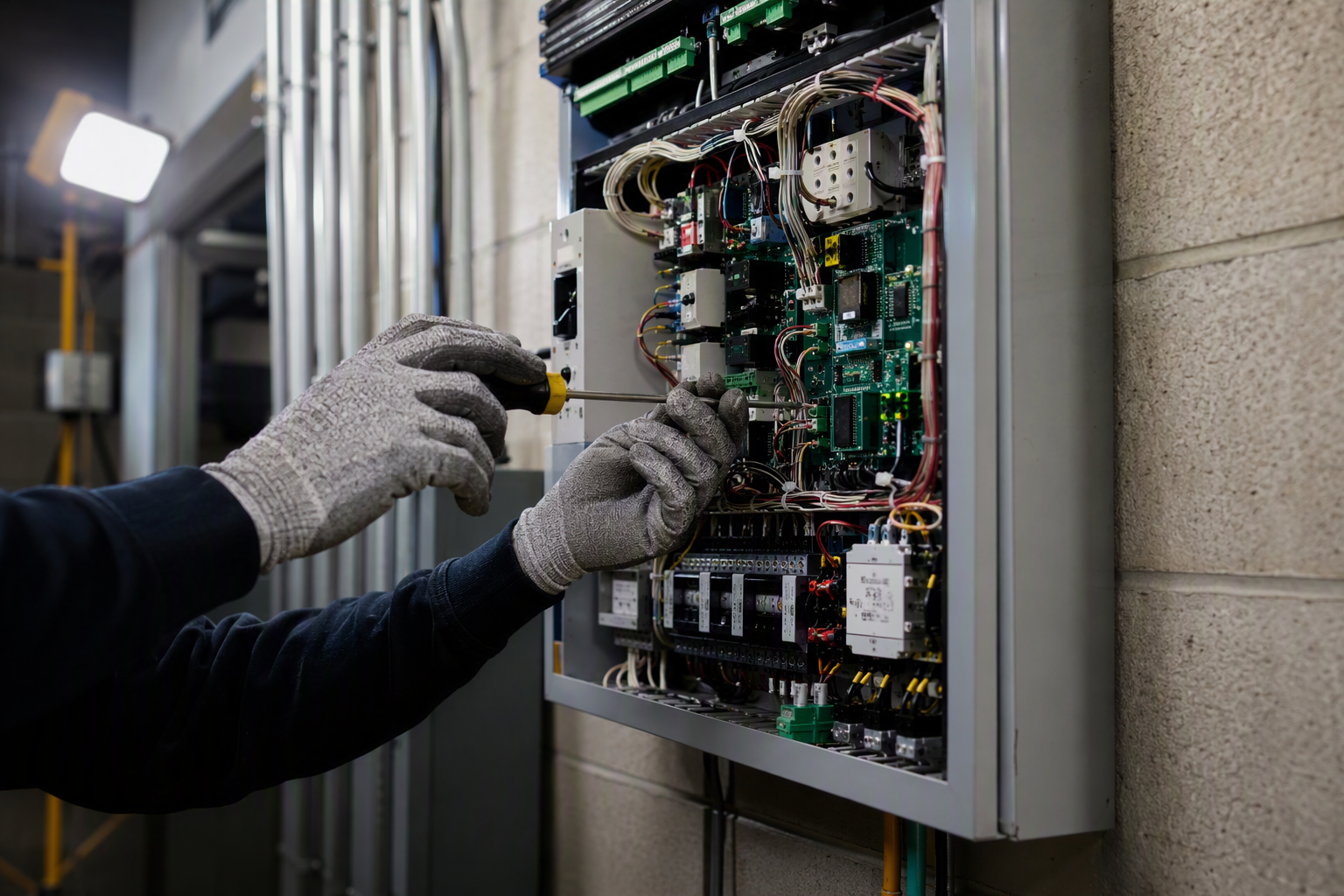 Elevator technician servicing a machine room controller panel during a preventive maintenance visit at a Dallas TX commercial office building.