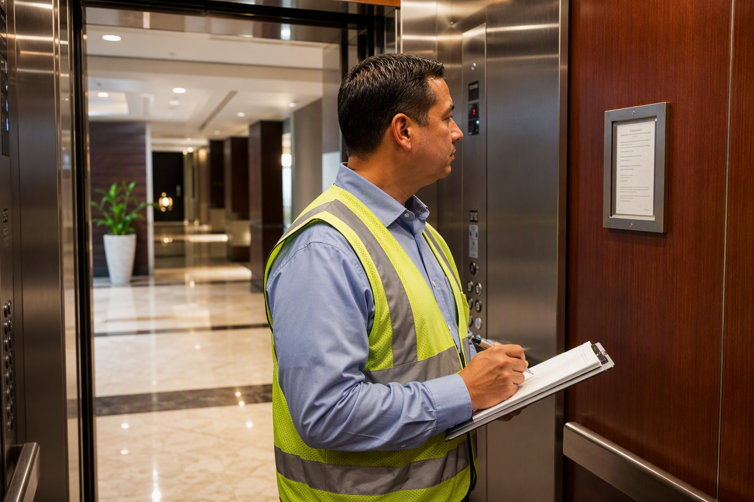 Licensed elevator inspector reviewing a safety inspection certificate posted inside a commercial elevator cab in Dallas TX, verifying Texas TDI code compliance.