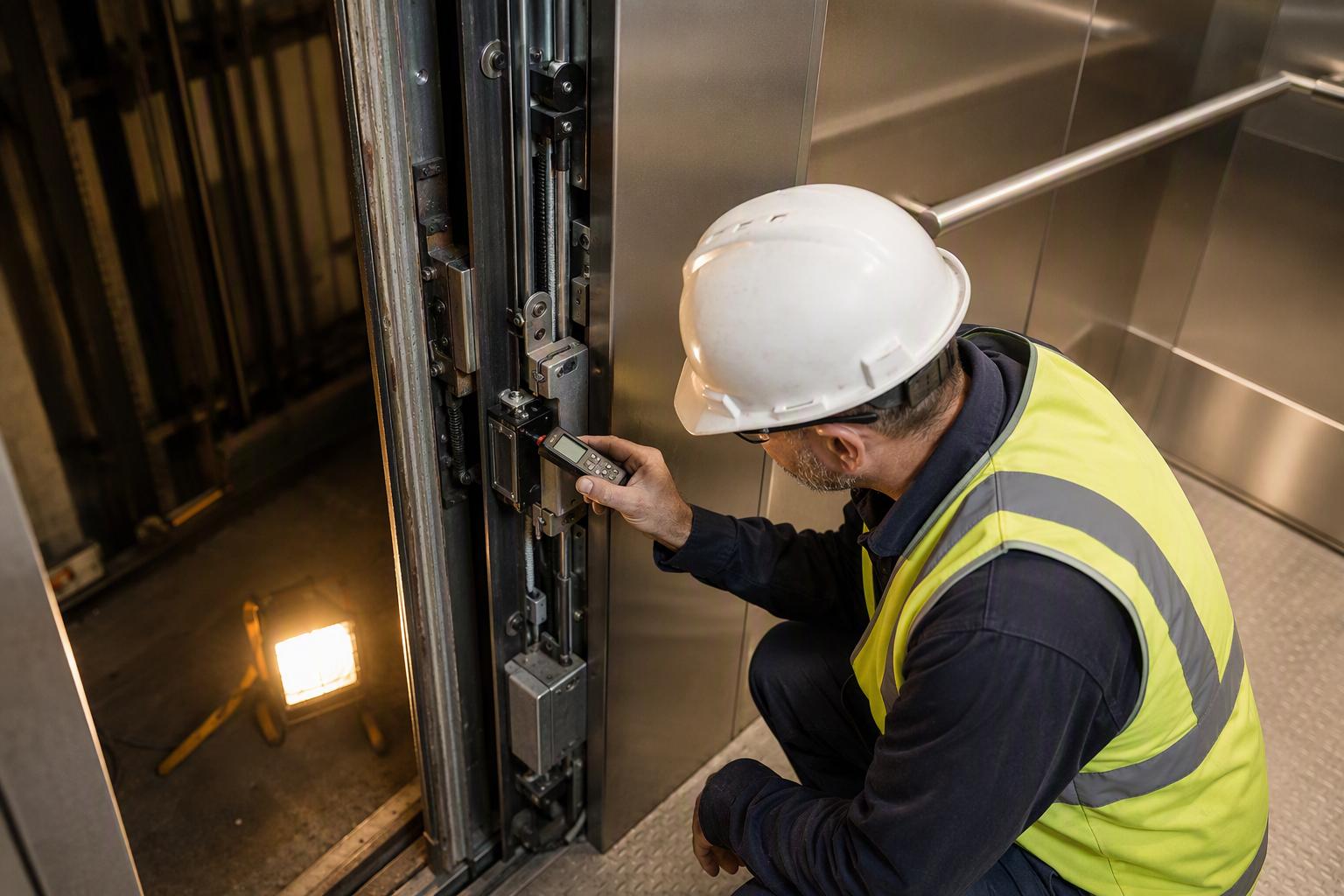 Elevator inspector testing door reopening safety device on a hospital elevator in Texas, a common ASME A17.1 failure point during healthcare facility inspections.