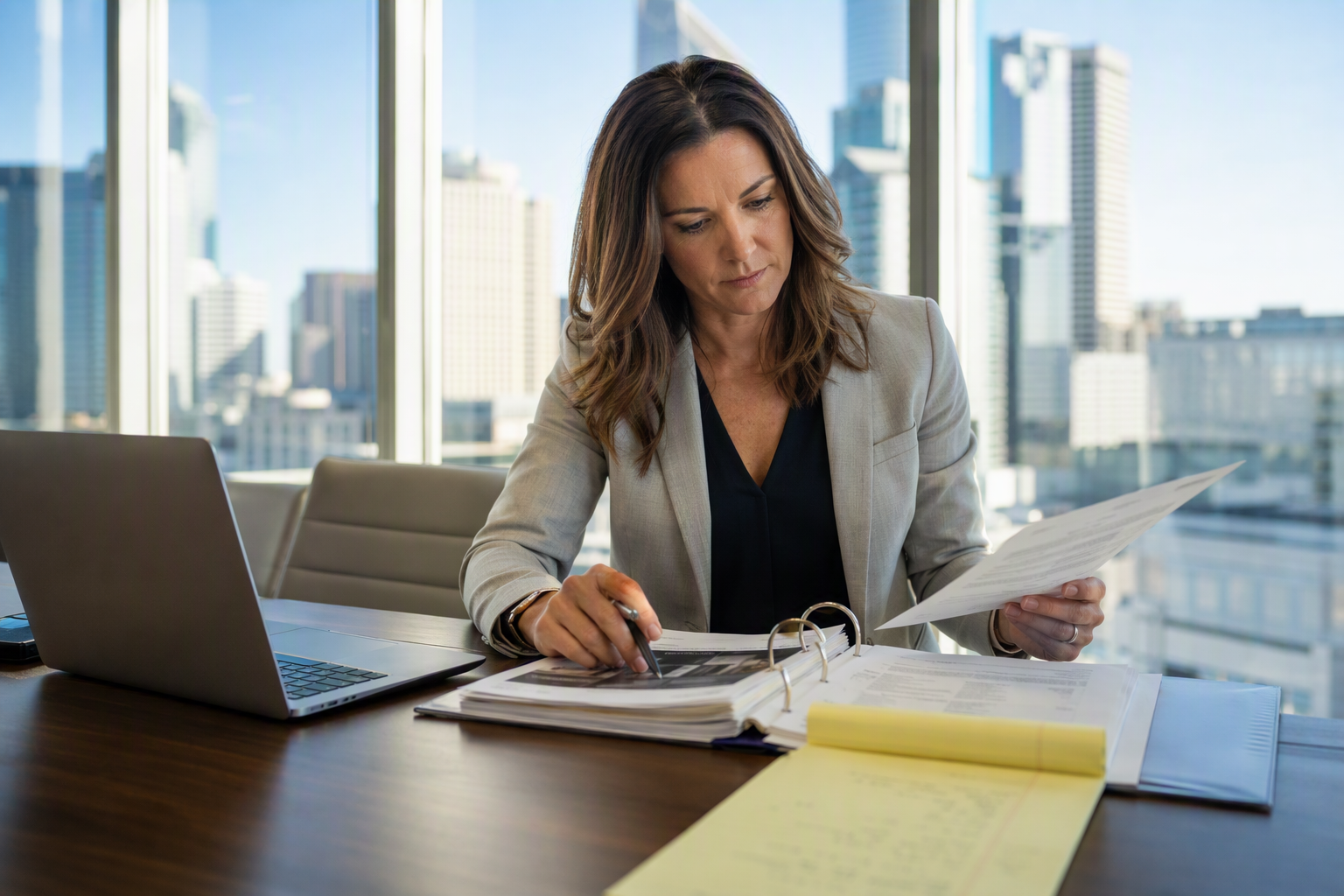Healthcare facility compliance manager reviewing Texas elevator inspection deficiency report and ASME A17.1 documentation at her Houston office desk.