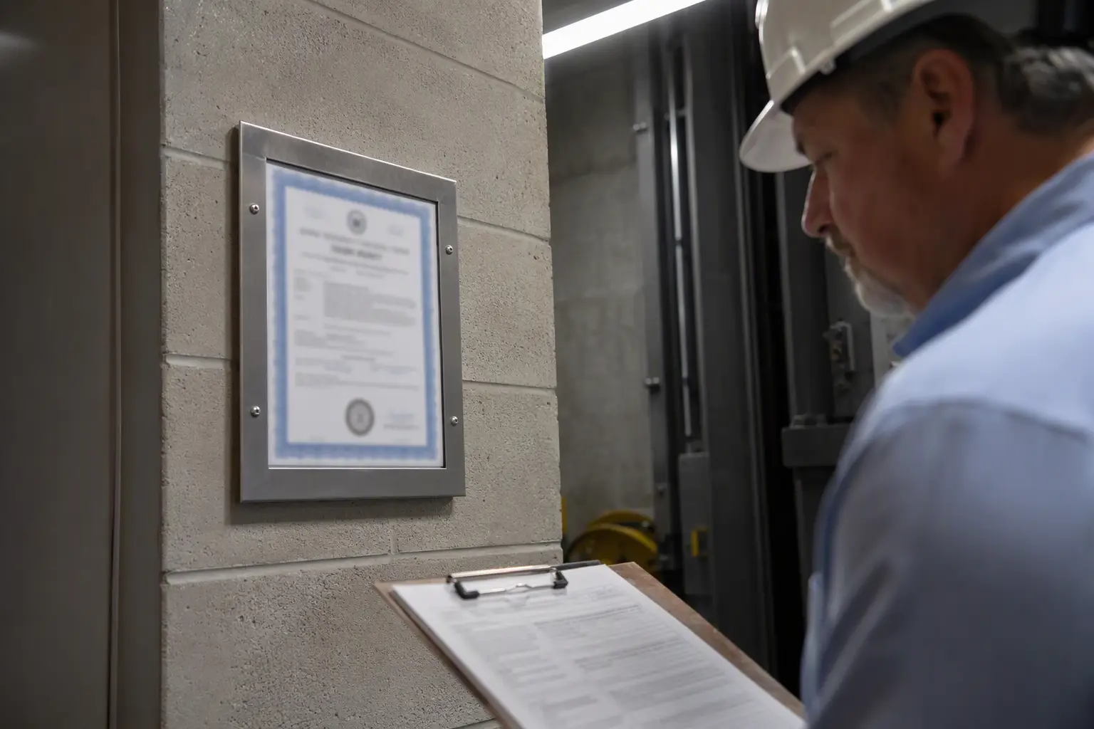 Facility manager reviewing Texas TDI freight elevator inspection certificate and compliance records on the wall of a Houston TX industrial building elevator landing.