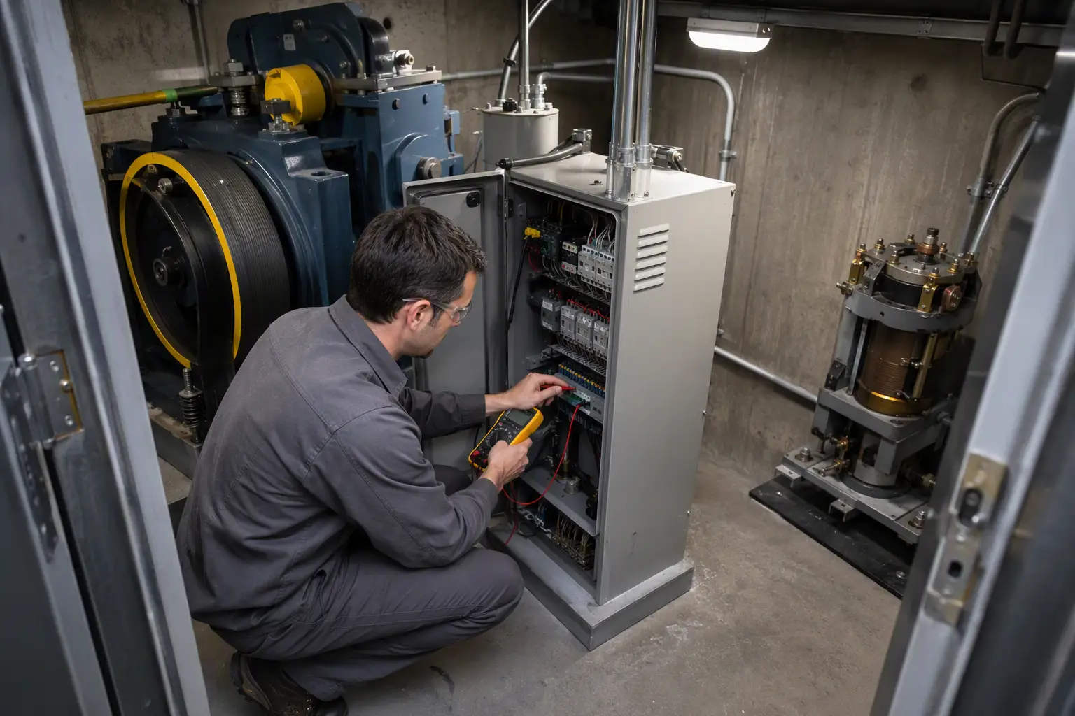 Certified elevator mechanic inspecting machine room controller for a freight elevator in a Houston TX warehouse, ensuring ASME A17.1 maintenance interval compliance.