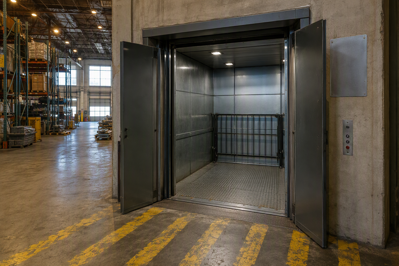 Heavy-duty freight elevator with open steel bi-parting doors inside a Houston TX warehouse, showing load-rated cab and ASME A17.1 compliant threshold markings for industrial buildings.