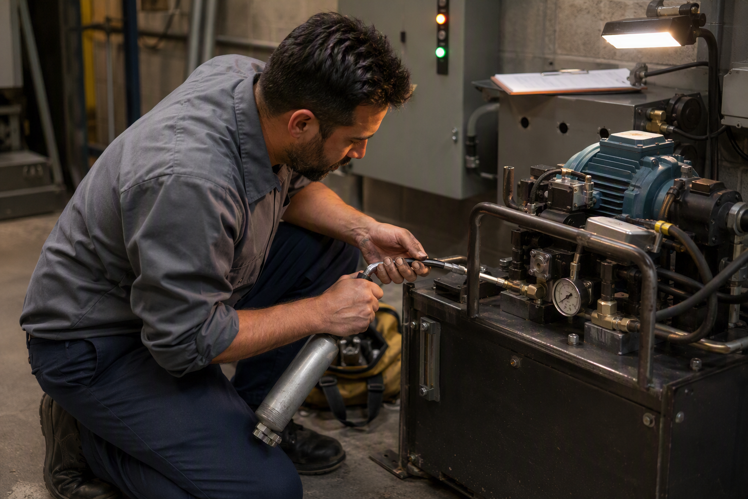 Elevator technician performing oil-and-grease lubrication service on a hydraulic power unit in a Dallas commercial building machine room