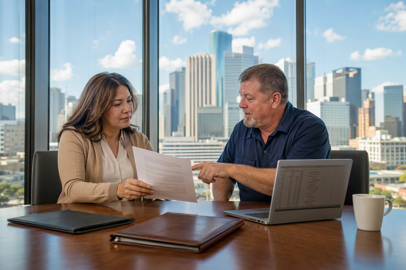 Building manager and elevator service contractor comparing full maintenance and oil-and-grease elevator contract documents at a conference table in a Houston office
