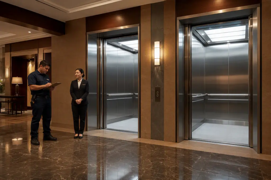 Hotel elevator technician reviewing maintenance checklist beside open stainless-steel cab doors in a Houston high-rise lobby, illustrating top-rated hotel elevator maintenance practices.