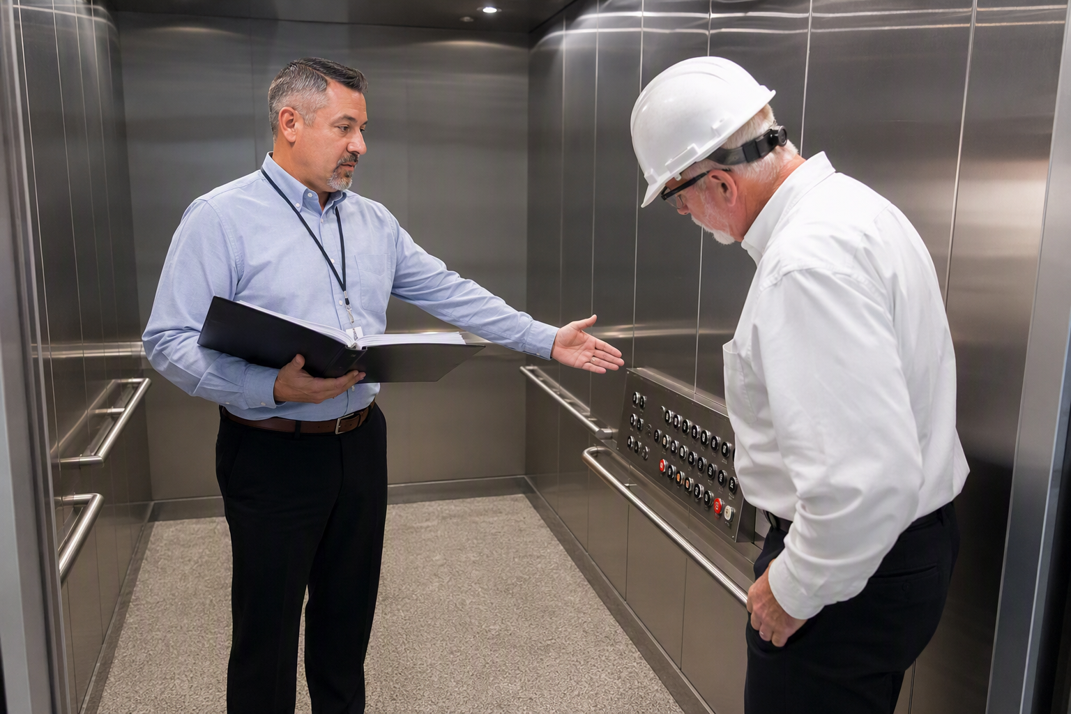Facility manager and elevator inspector reviewing ADA-compliant control panel with Braille buttons inside a San Antonio hotel elevator cab during a compliance inspection.