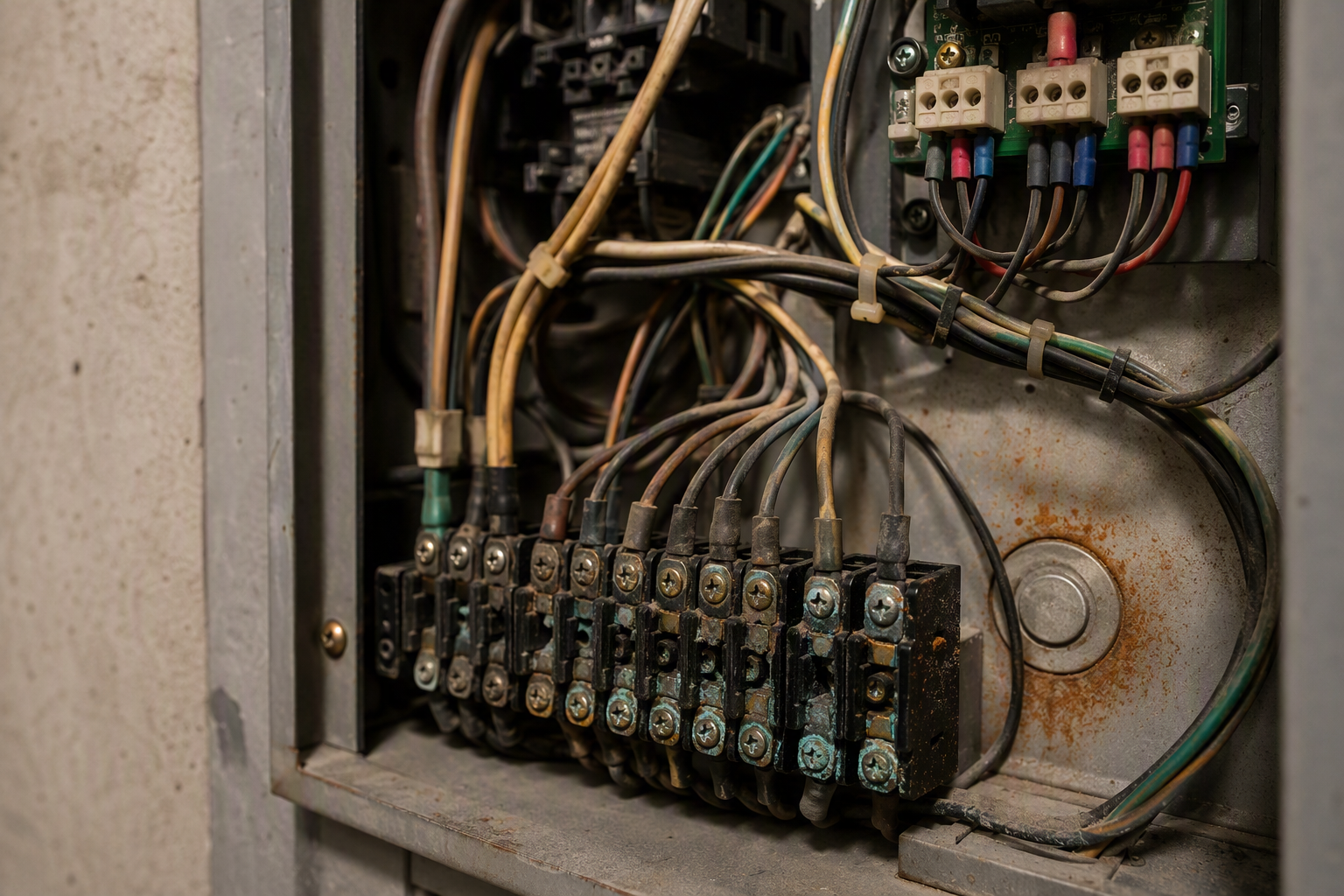Corroded elevator control panel wiring terminals showing oxidation caused by high humidity in Houston and San Antonio elevator systems during summer months